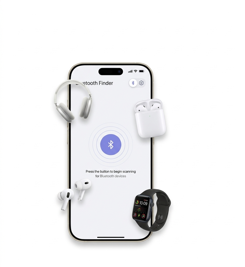 Bluetooth Device Finder phone creative with headphones, earbuds, and a watch