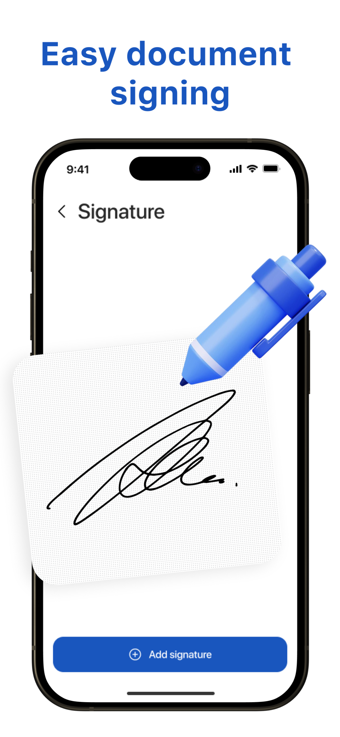 eSign PDF document signing screen with a signature and pen